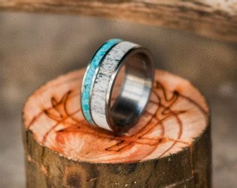 Mens Wedding Band Wood W Antler Turquoise By Stagheaddesigns