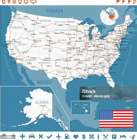 United States Map With Flag Main Roads States And Cities Stock