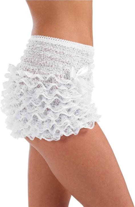 Womens White Ruffle Pants Adults Burlesque Frilly Shorts Lace Costume