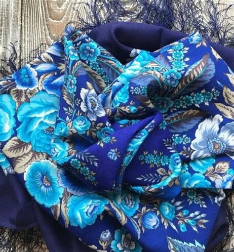 Russian Shawl Pavlovo Posad Blue Floral Head Scarf With Etsy Special Occasion Shawl Wool