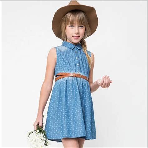 Junior Denim Floral Dresses 2016 Big Kids Girls Fashion Jean Wash Blue