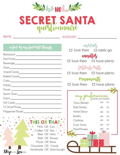 Secret Santa Questionnaire For Coworkers Free Printable