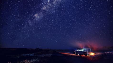 Night Sky Stars Scenery Camping Bonfire 4k 4757