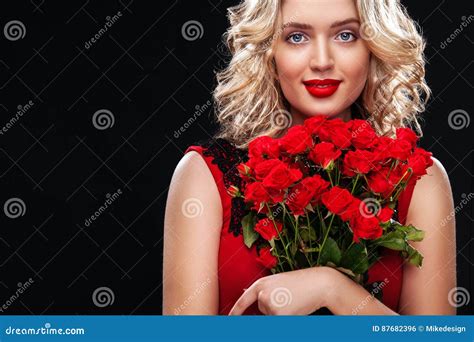 Beautiful Blonde Woman Holding Bouquet Of Red Roses International Women`s Day Eight March