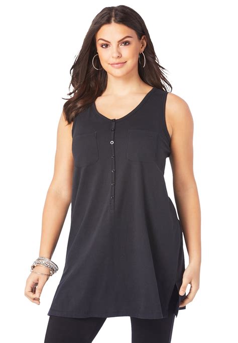 Roamans Womens Plus Size Button Front Henley Ultimate Tunic Tank Top
