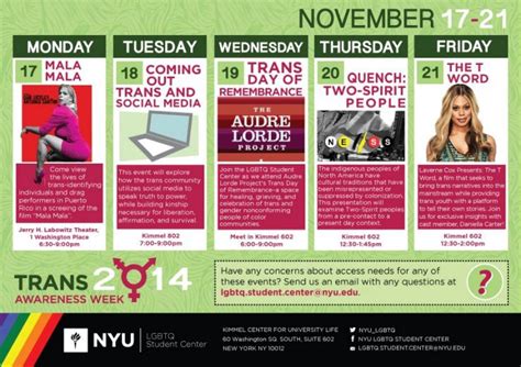 The center is a welcoming environment to lgbtq students and their allies. NYU's LGBTQ Student Center Presents Trans Awareness Week