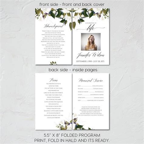 White Floral Funeral Program Template Celebration Of Life Etsy Images