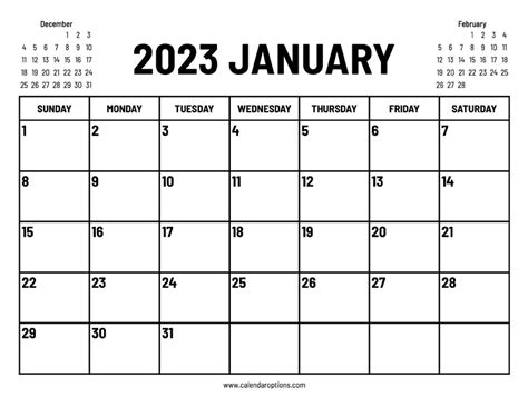 2023 January Calendar Calendar Options