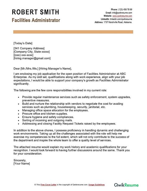 Facilities Administrator Cover Letter Examples Qwikresume