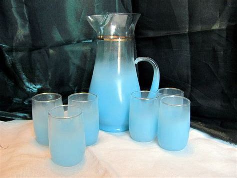 Blendo Frosted Glass Pitcher And Glasses Blue Blendo Etsy Glass Pitchers Frosted Glass