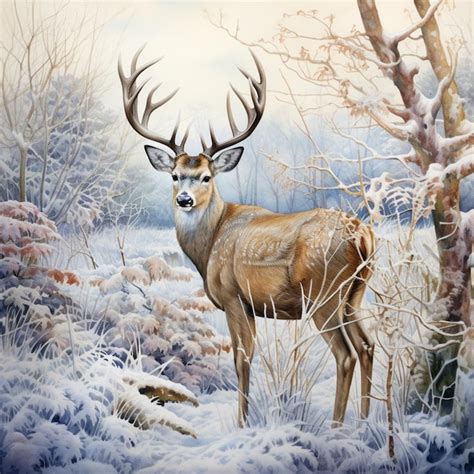 Premium Ai Image Painting Of A Deer In A Snowy Forest With A Dead