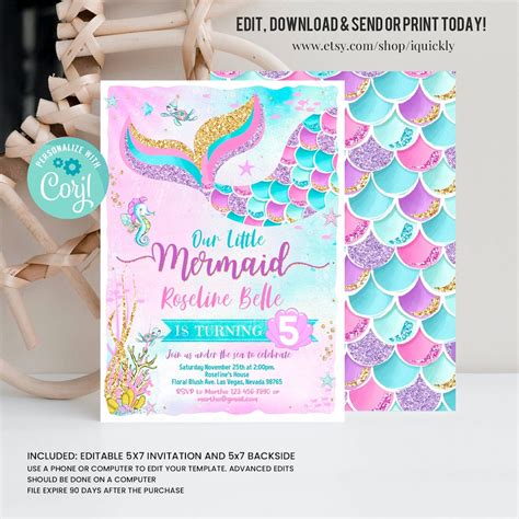 Editable Mermaid Birthday Invitation Mermaid Invite Under The Sea