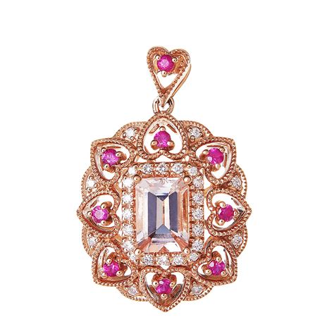 Emerald Cut Morganite And Ruby Round Diamond Necklace In 3759k Rose