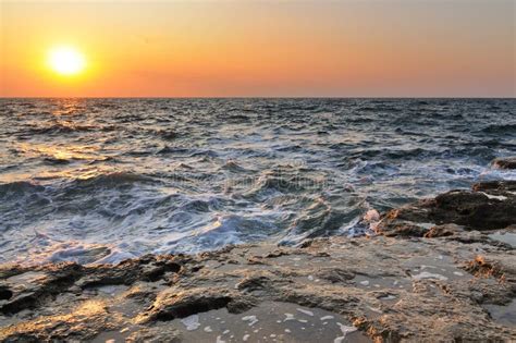 Beautiful Golden Sunset Over Black Sea Rocky Coastline In Crimea Stock
