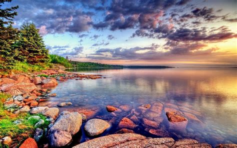 Landscape Nature Scotland Lake Stone Forest Green Trees Sky With Dark ...