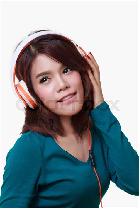 Woman With Headphone Stock Image Colourbox