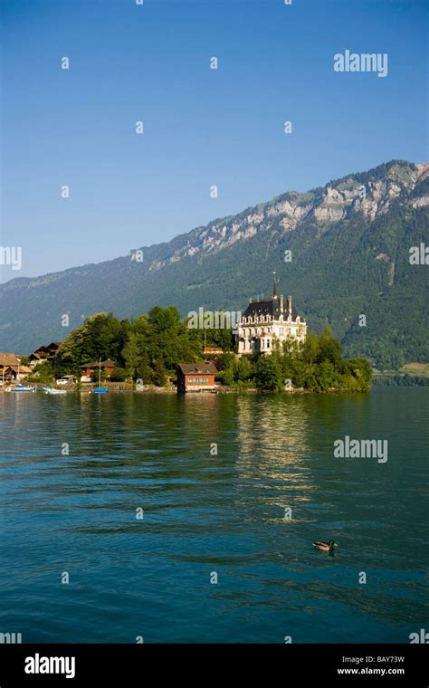 View Over Lake Brienz To Castle Seeburg Iseltwald Bernese Oberland