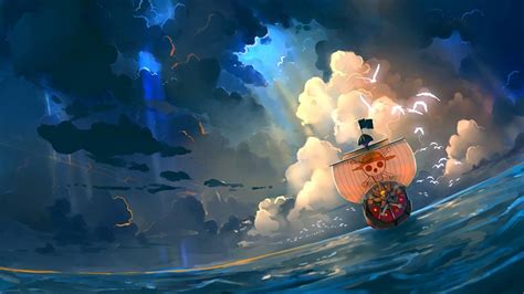 a painting of a boat in the ocean with clouds and lightning behind it