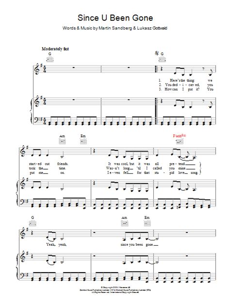 since u been gone sheet music kelly clarkson piano vocal and guitar chords