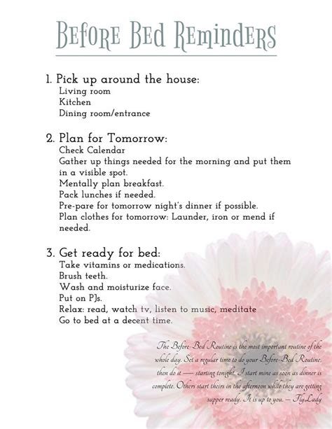 Getting Organized Before Bed Reminders Printable Fly Lady Cleaning