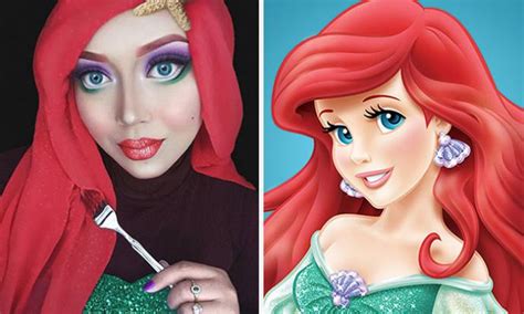woman uses her hijab and makeup to transform into disney characters