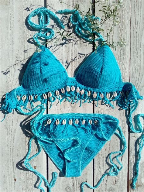 Crochet Bikini Set Teal Blue Con Cowrie Sea Shells Bikini Etsy