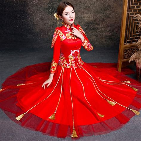 2018 Red Cheongsam Long Qipao Women Dress Evening Dress Modern Chinese