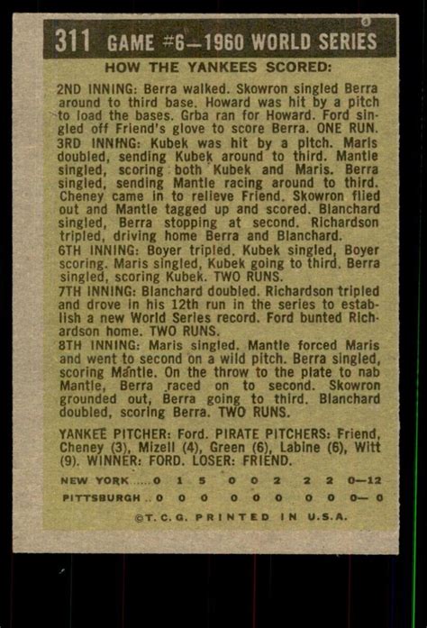 1961 topps world series game 6 ford pitches second shutout ex 311 noles2148 ebay