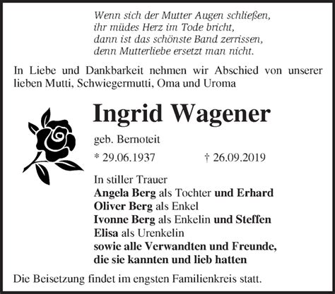 Traueranzeigen Von Ingrid Wagener Märkische Onlinezeitung Trauerportal