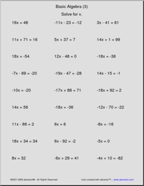 Check spelling or type a new query. Basic Algebra (3) Worksheet | abcteach