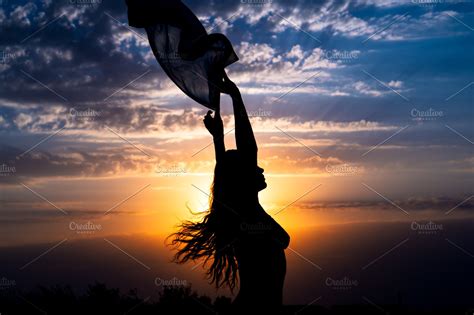 Girl Silhouette On Beautiful Sunset High Quality People