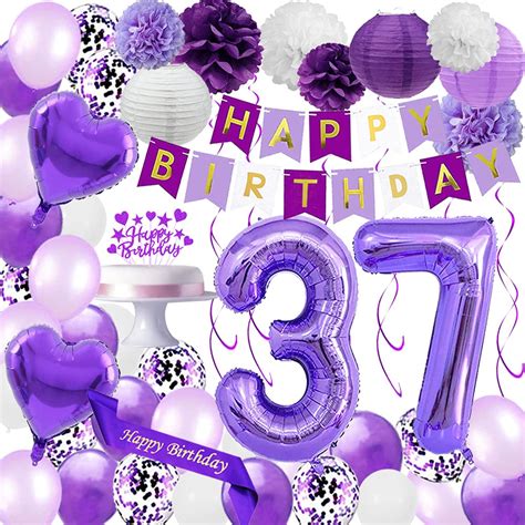 Santonila Purple 37th Birthday Decorations Set Happy Birthday Banner