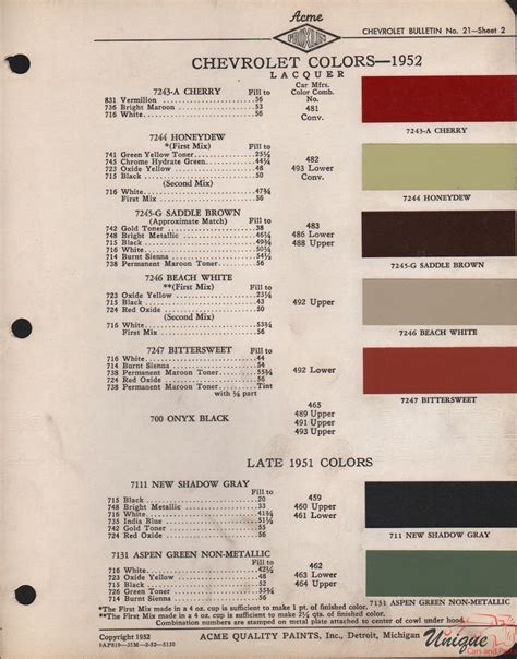 Chevrolet Paint Chart Color Reference
