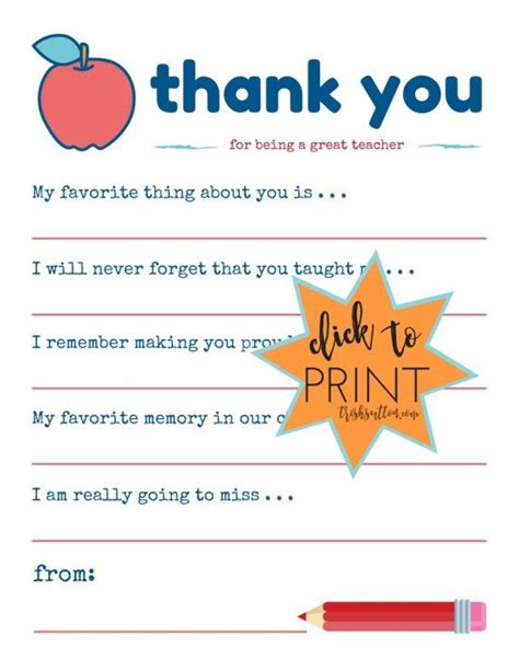 Teacher Appreciation Week Printable Thank You Note Teacher Thank You