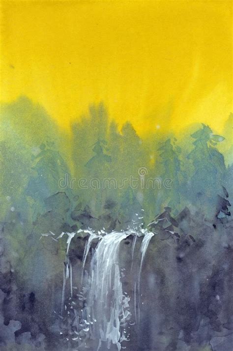 Waterfall Abstract Watercolor Painting Hand Drawn Artwork Stock