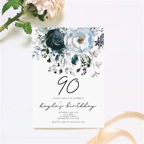 Floral Printable 90th Birthday Invitation Instant Download Etsy