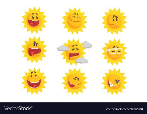 Cute Cartoon Sun Emojis Emotional Face Set Of Vector Image
