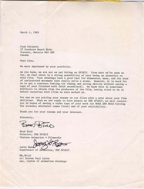 Brevity is the key to successful communication. John The Animator Guy: Brad Bird and Jerry Rees Letter