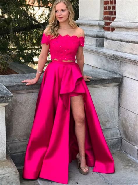 Two Piece Hot Pink Long Prom Dress Off The Shoulder Hot Pink Long Prom Dress With Side Slits