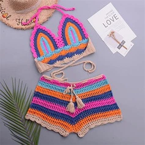 Crochet Bikini Sets Multi Color Knitted Rainbow Striped Off Etsy