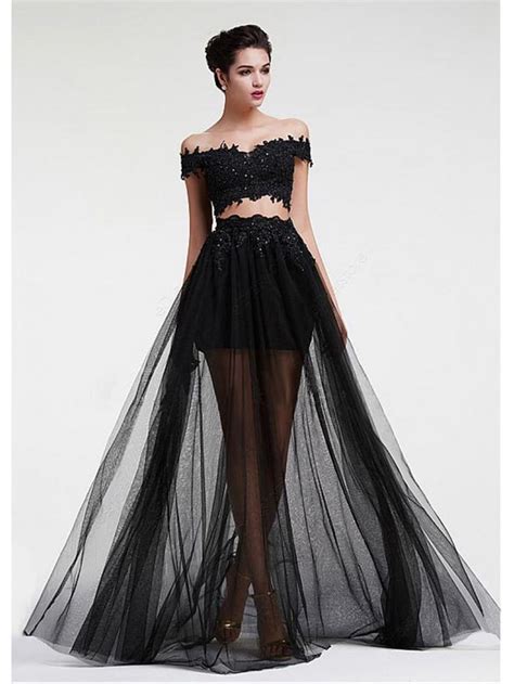 Affordable Long Black Off The Shoulder Two Pieces Lace Prom Formal