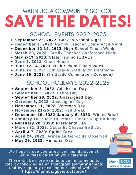 Mark These Important Dates On Your Calendar Mann Ucla Community School