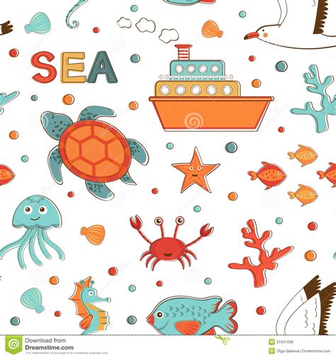 Beautiful Sea Life Related Items Pattern Stock Vector Illustration Of