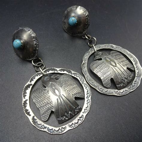 Vintage Navajo Hand Stamped Sterling Silver Turquoise Thunderbird