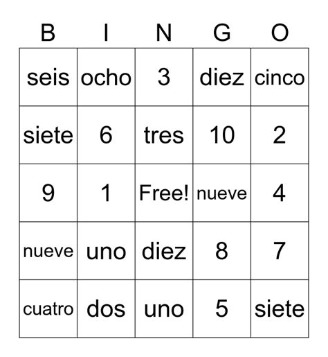Spanish Numbers 1 10 Bingo Card