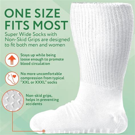 2 Pairs White Super Wide Socks With Non Skid Grips For Lymphedema