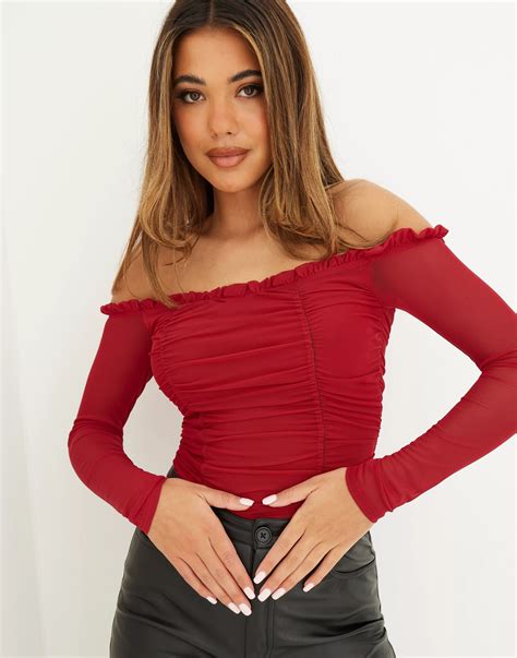 buy nelly mesh off shoulder body red