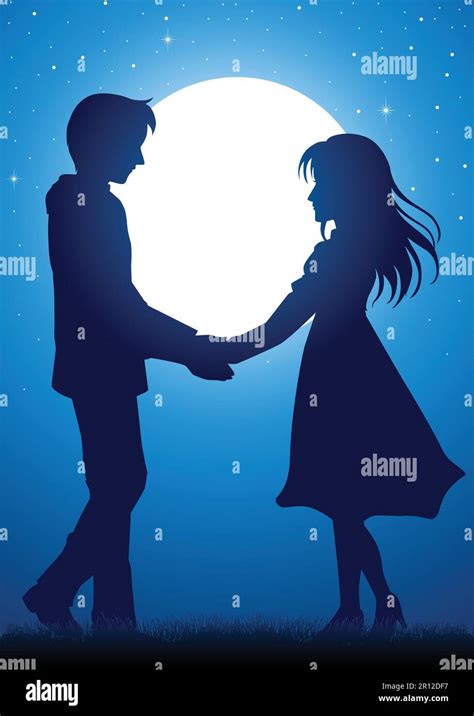Silhouette Illustration Of Young Couple Holding Hands Under The