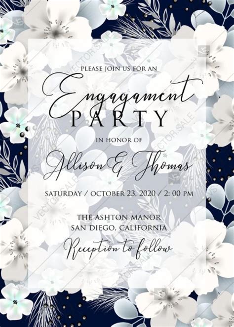 Engagement Invitation White Hydrangea Navy Blue Background Online