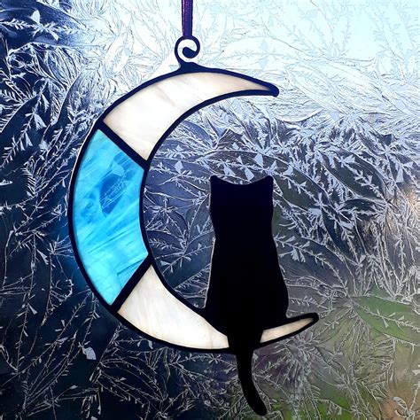 Stained Glass Black Cat On The Moon Suncatcher Window Ornament